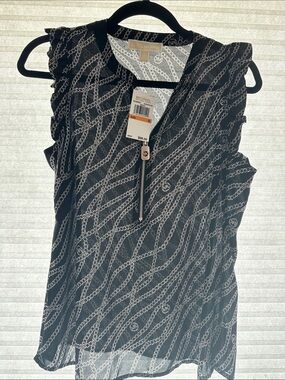 Michael Kors Black Chain-Print Sleeveless Zip-Front Blouse